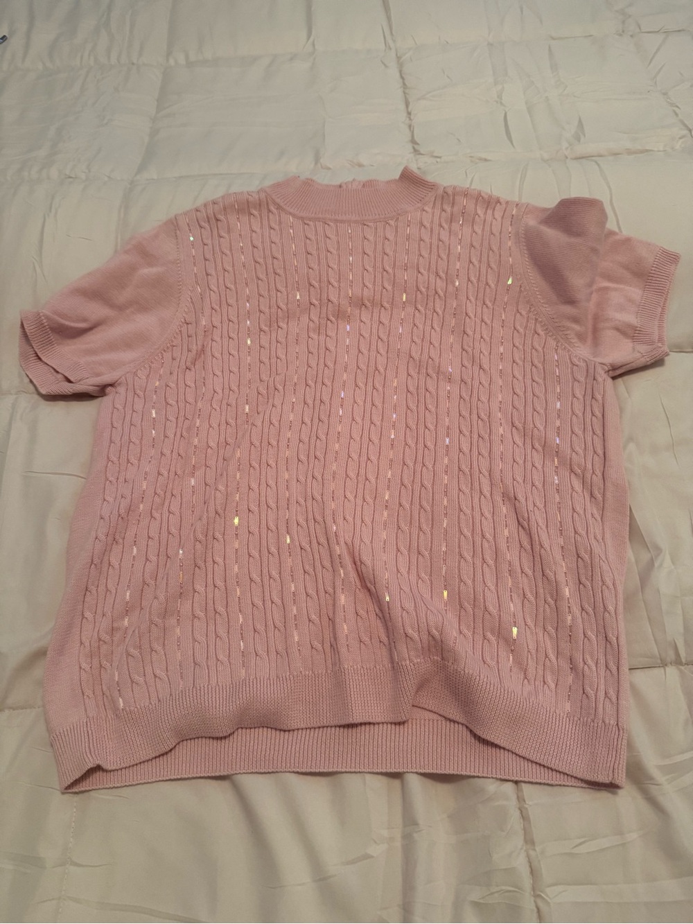 Alfred Dunner Pale Pink Cable Knit Short Sleeve Sweater